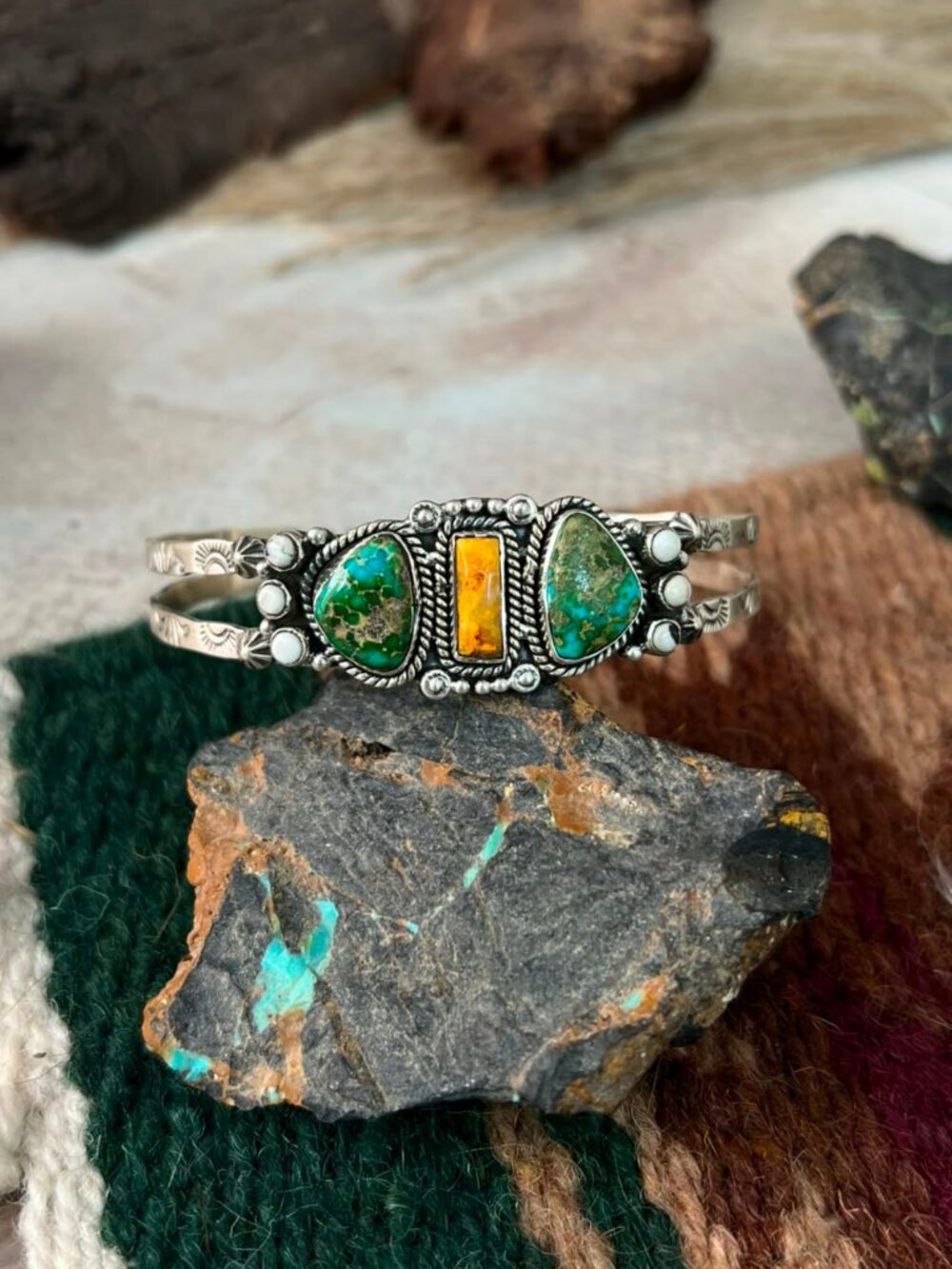 Handmade Sterling Silver Sonoran Mountain Turquoise with Bumblebee and White Buf